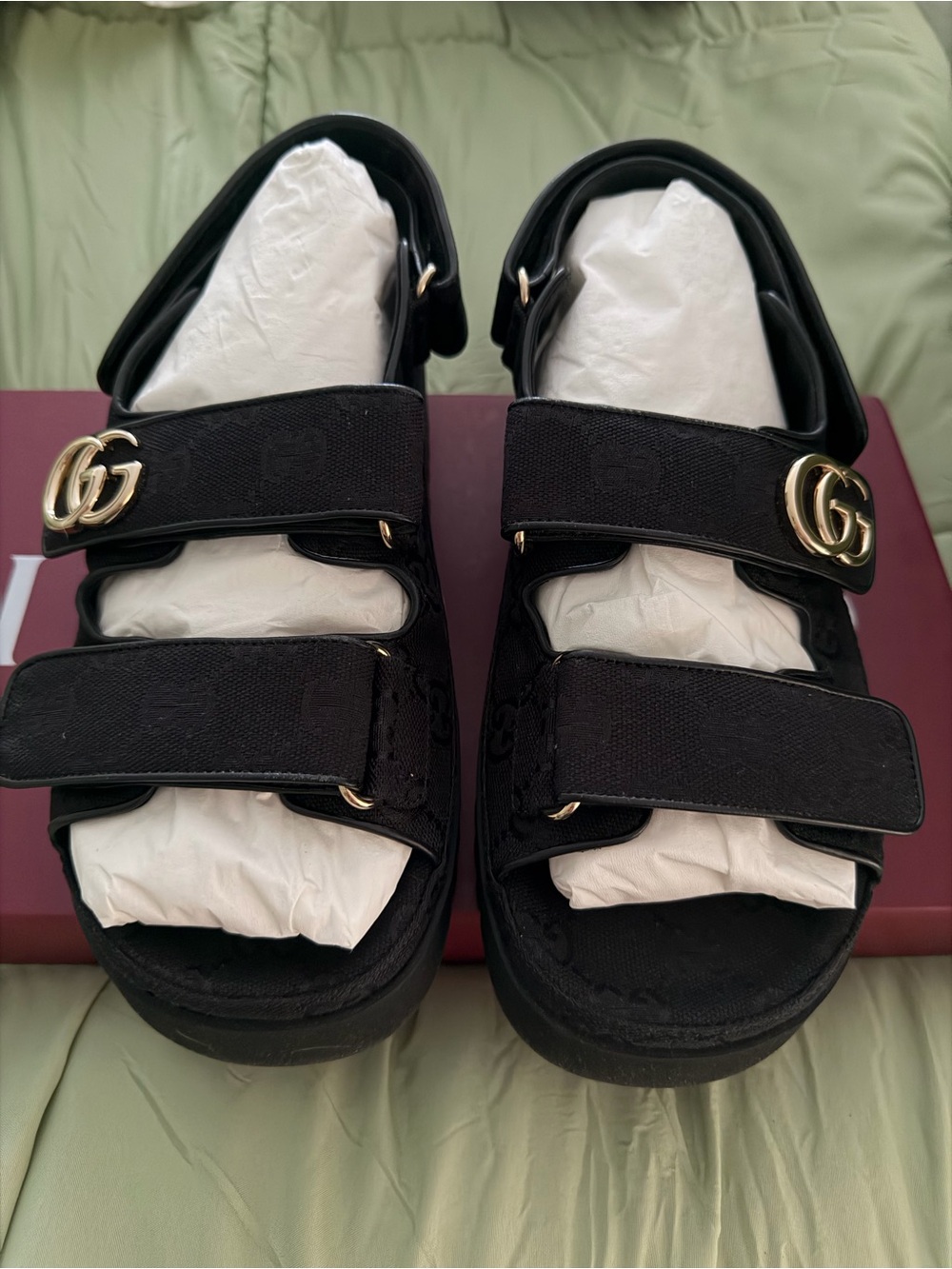 Gucci Black GG Canvas Platform Sandals with Gold Double G - Picture 4 of 9